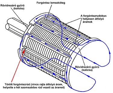 In-operation electric motor diagnostics - Currents flowing through the rotor of an asynchronous electric motor in case of broken bars (source: J. E. Berry: Predictive Maintenance and Vibration Signature Analysis III)