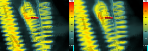 3. ábra: balra 160×120 képpont, max. 363 °C, jobbra 320×240 képpont (interpolációval!), max. 363 °C (forrás: PIM)
