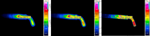balra: nagyon rossz fókuszálás - maximumérték 280°C; közepén: kevésbé rossz fókuszálás - maximumérték 338°C; jobbra: tökéletes fókuszálás - maximumérték 428°C
